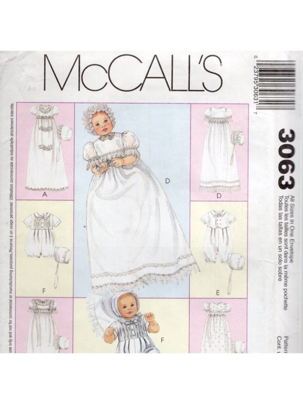 McCalls 3063 Infant Christening Gown Dress Rompers Bonnet Sewing Pattern FF
